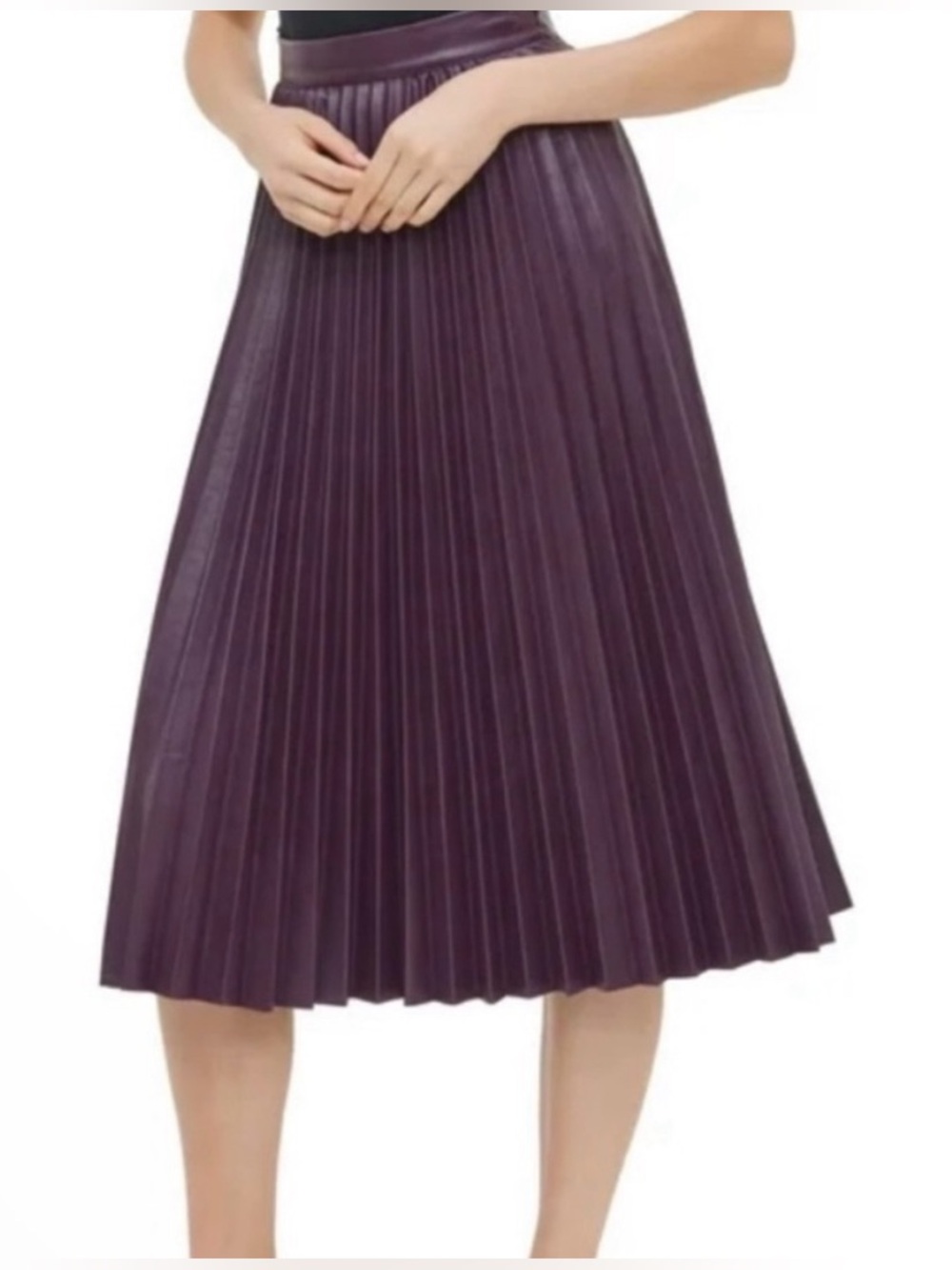 Calvin Klein Faux Leather Pleated Midi Skirt Burgundy Wine Size 8